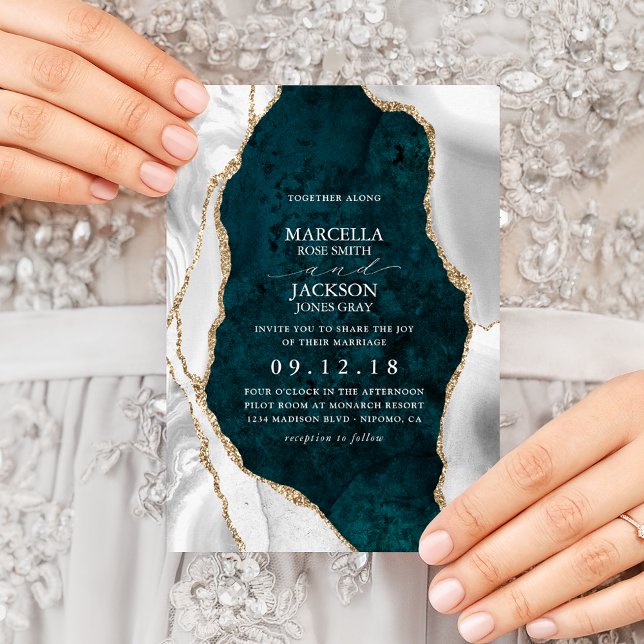 Teal Marble, White & Gold Agate Wedding Invitation (Creator Uploaded)