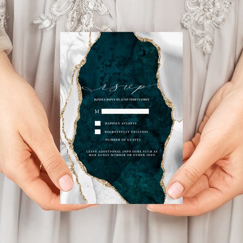 Teal Marble White  Gold Agate Wedding RSVP Invitation