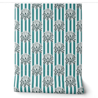 Teal Marigold flowers stripe pattern Wallpaper