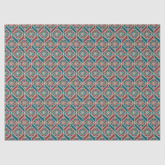 Teal, Maroon, Beige Ethnic Floral Pattern Tissue Paper (Front)