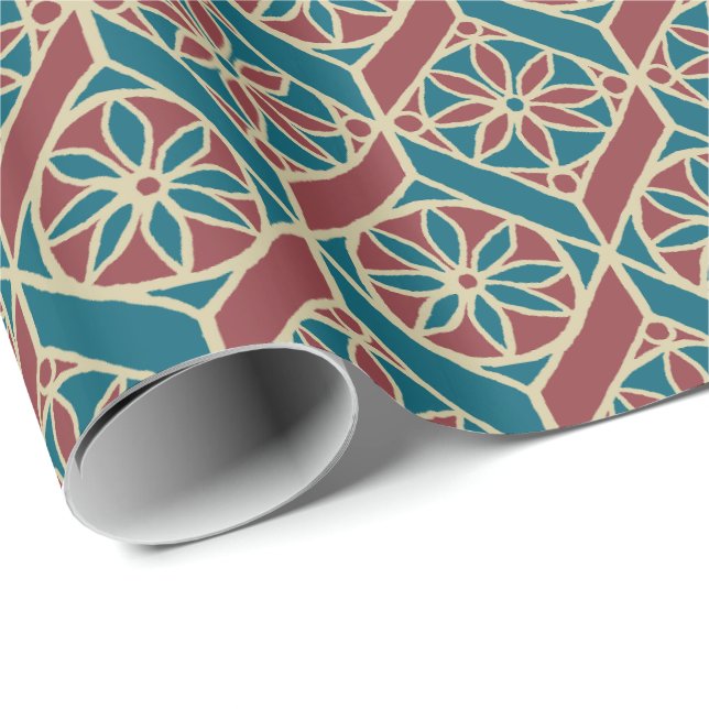 Teal, Maroon, Beige Ethnic Floral Pattern Wrapping Paper (Roll Corner)