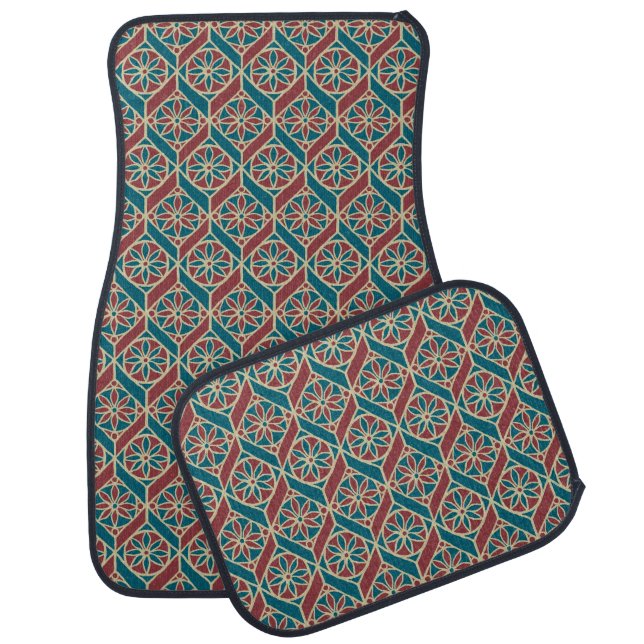 Teal Maroon Beige Ethnic Pattern Flowers, Chevrons Car Mat (Set)