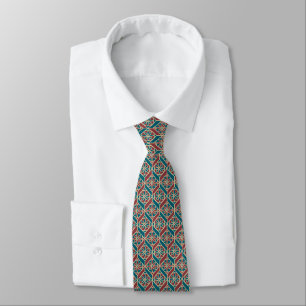 Teal Maroon Beige Ethnic Pattern Flowers, Chevrons Neck Tie