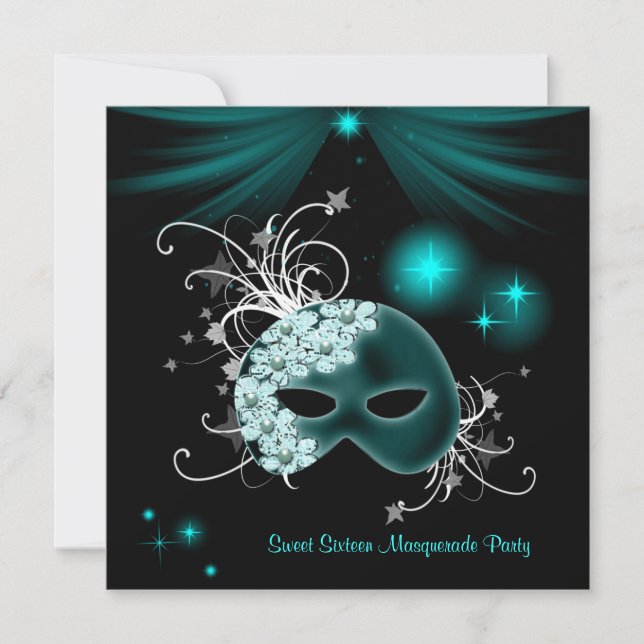 Teal Masks Sweet 16 Masquerade Party Invitation (Front)