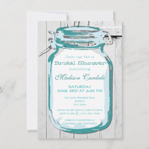 Teal Mason Jar Barn Wood Bridal Shower Invitations