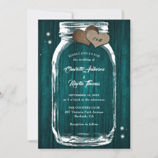 Teal Mason Jar Burlap Hearts Barn Wood Wedding Invitation