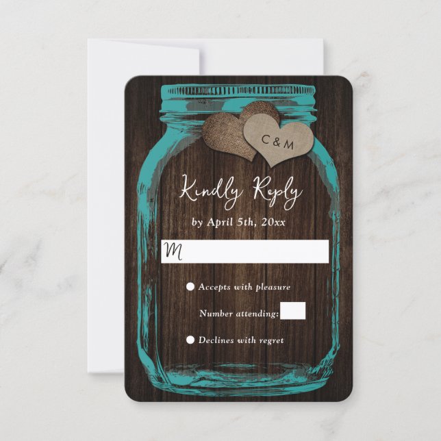 Teal Mason Jar Burlap Hearts Wood Wedding RSVP Card (Front)