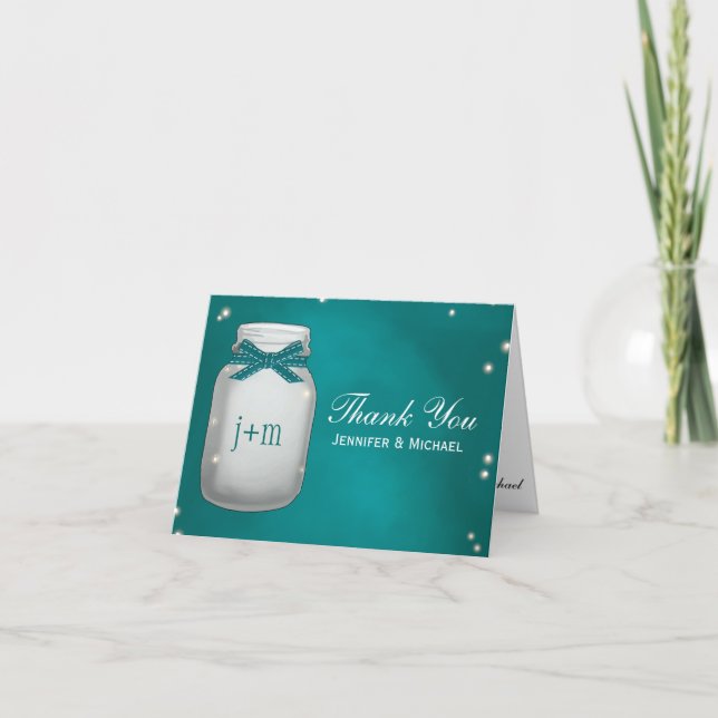 Teal Mason Jar Fireflies Wedding Thank You Card (Front)