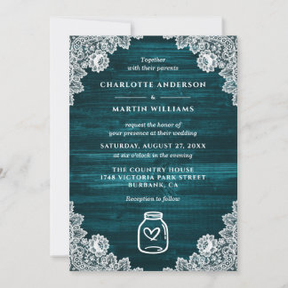 Teal Mason Jar Floral Lace Rustic Wood Wedding Invitation