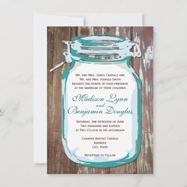 Teal Mason Jar Rustic Barn Wood Wedding Invitation (Front)