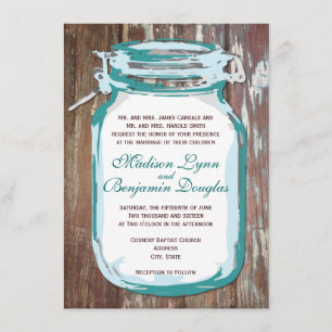 Teal Mason Jar Rustic Barn Wood Wedding Invitation