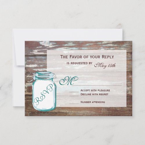 Teal Mason Jar Rustic Barn Wood Wedding RSVP Cards