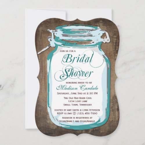 Teal Mason Jar Rustic Bridal Shower Invitations