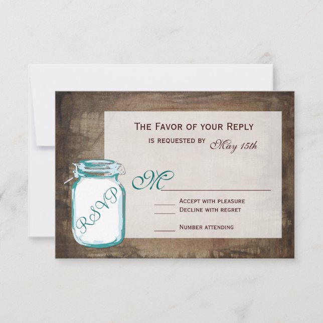 Teal Mason Jar Rustic Brown Wedding RSVP Cards (Front)