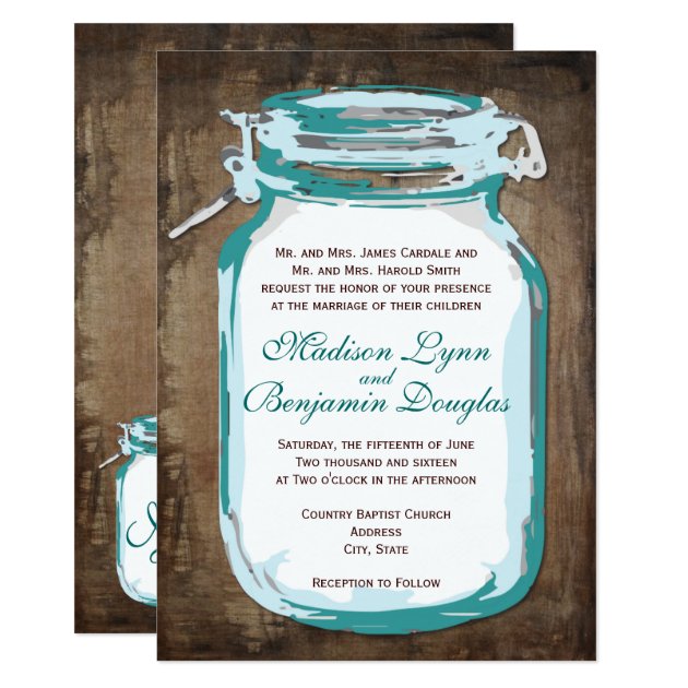 Teal Mason Jar Rustic Country Wedding Invitations