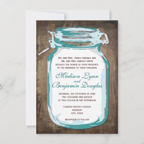 Teal Mason Jar Rustic Country Wedding Invitations