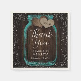 Teal Mason Jar Rustic Wood Thank You Wedding Napkins
