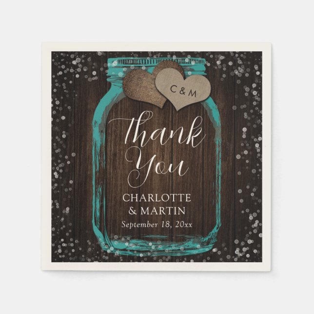 Teal Mason Jar Rustic Wood Thank You Wedding Napkins (Front)
