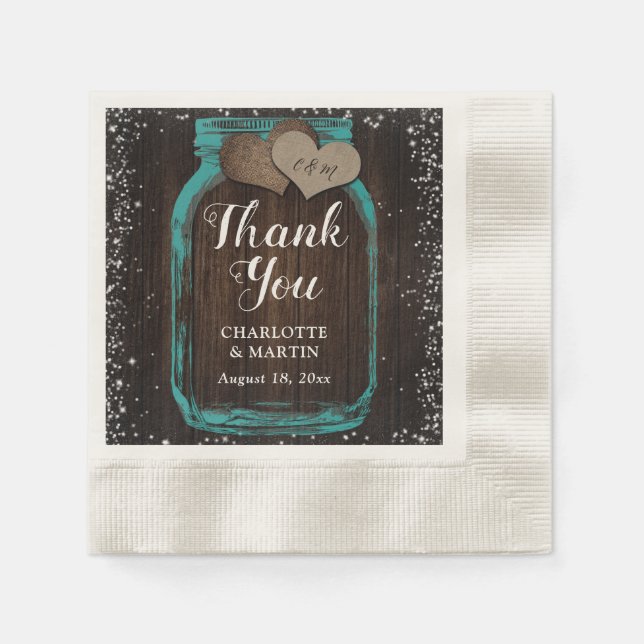 Teal Mason Jar Rustic Wood Thank You Wedding Napkins (Front)