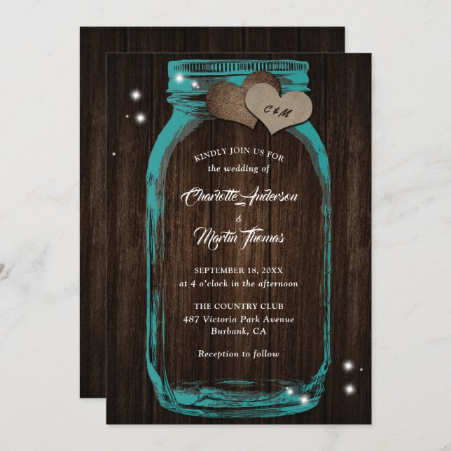 Teal Mason Jar Rustic Wood Wedding Invitation (Front/Back)