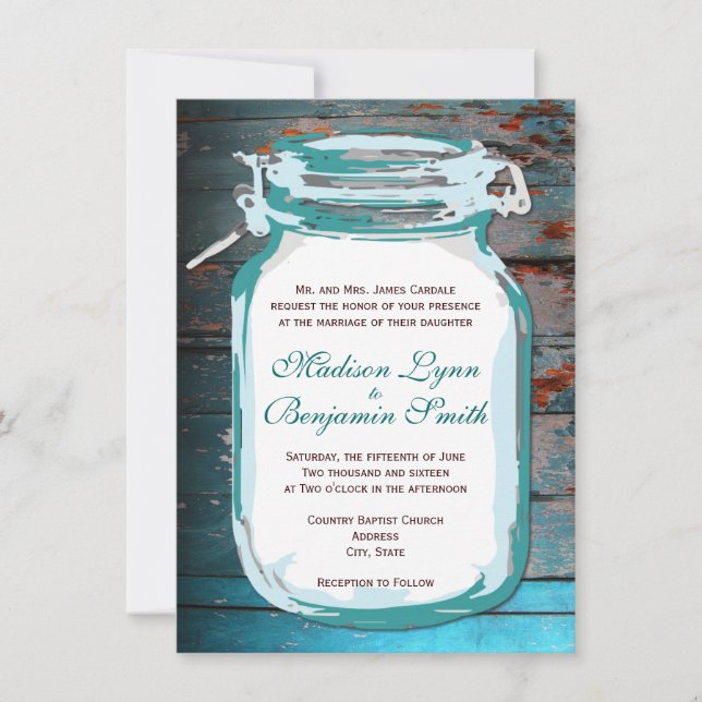 Teal Mason Jar Rustic Wood Wedding Invitation Ver2 (Front)