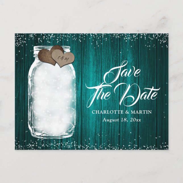 Teal Mason Jar Rustic Wood Wedding Save The Date Announcement Postcard (Front)