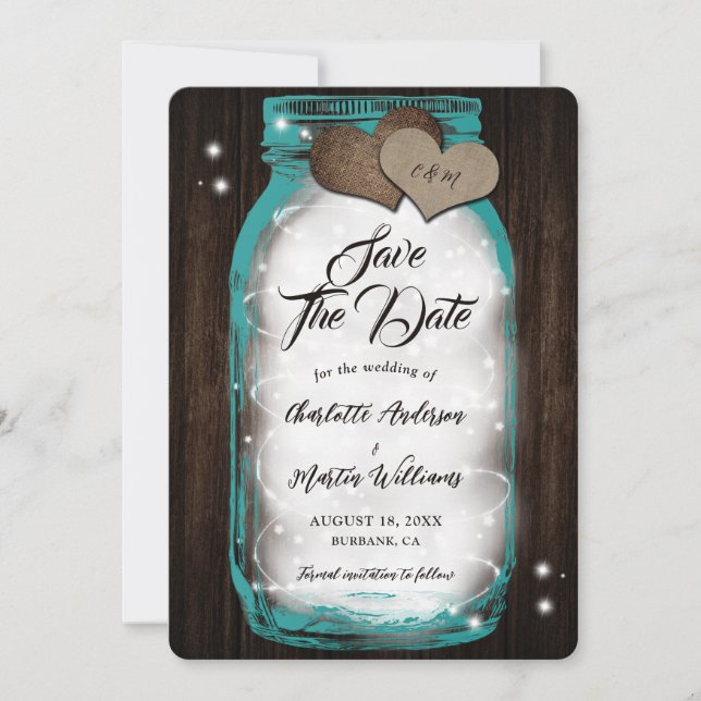 Teal Mason Jar String Lights Barn Wood Wedding Save The Date (Front)