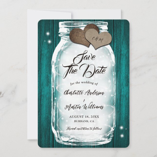 Teal Mason Jar String Lights Barn Wood Wedding Save The Date (Front)