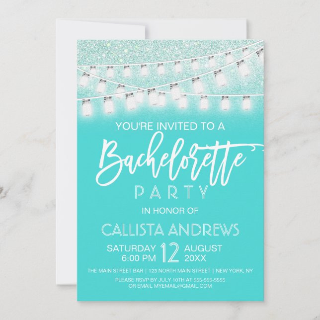 Teal Mason Jar String Lights Glitter Bachelorette Invitation (Front)