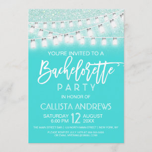 Teal Mason Jar String Lights Glitter Bachelorette Invitation