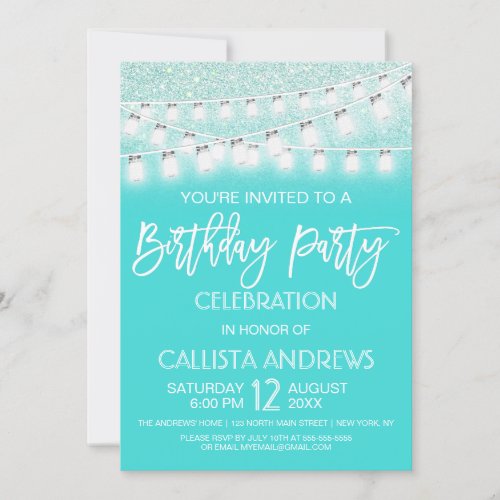 Teal Mason Jar String Lights Glitter Birthday Invitation