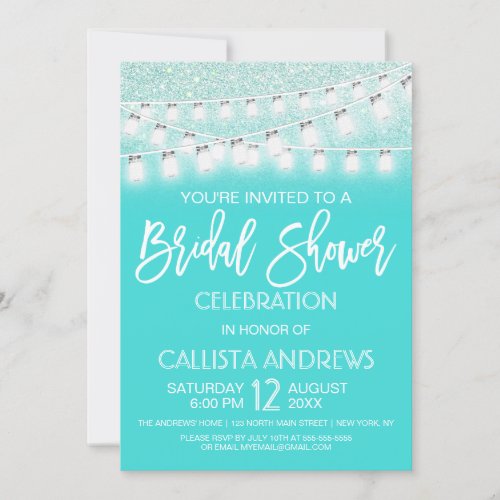 Teal Mason Jar String Lights Glitter Bridal Shower Invitation