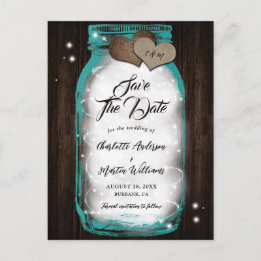 Teal Mason Jar String Lights Rustic Wood Wedding Announcement Postcard