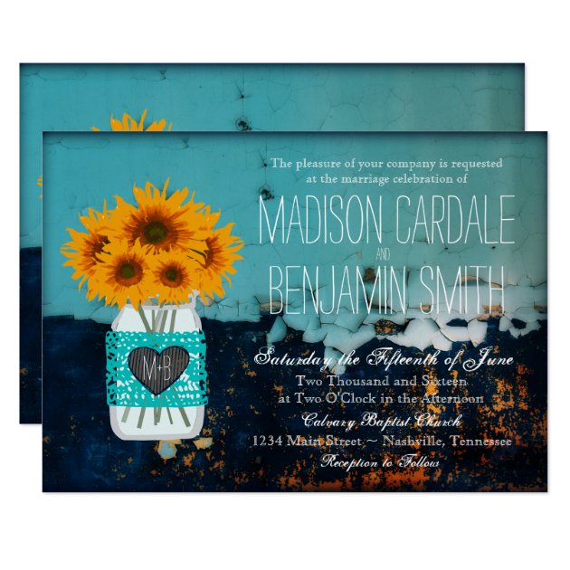 Teal Mason Jar Sunflowers Rustic Wedding Invites