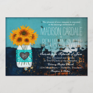 Teal Mason Jar Sunflowers Rustic Wedding Invites