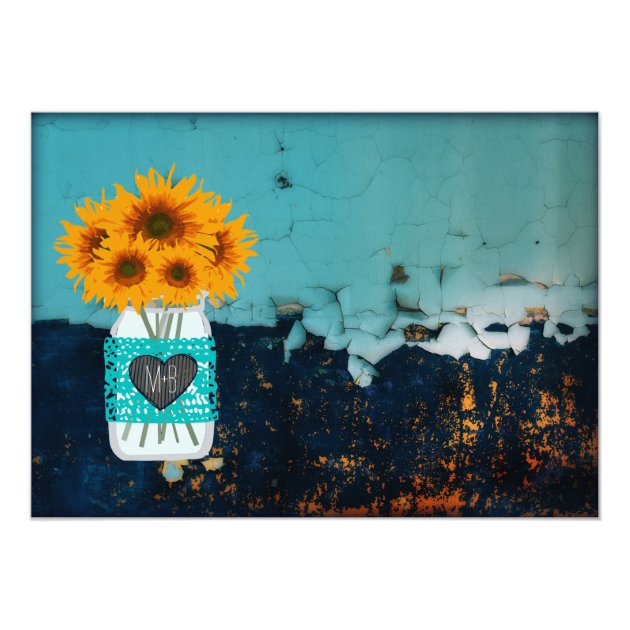 Teal Mason Jar Sunflowers Rustic Wedding Invites