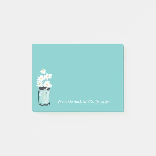 Teal Mason Jar White Daisy Floral Personalize Note (Front)