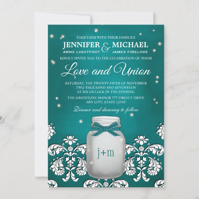 Teal Mason Jar with Fireflies Wedding Invitation (Front)