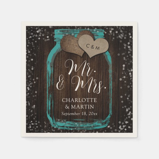 Teal Mason Jar Wood Mr. & Mrs. Wedding Napkins (Front)
