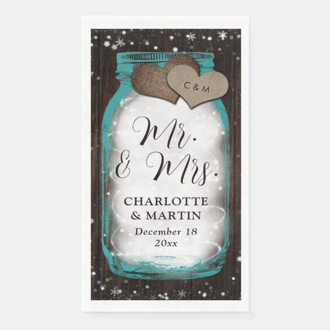 Teal Mason Jar Wood Mr. & Mrs. Winter Wedding Paper Guest Towels (Front)