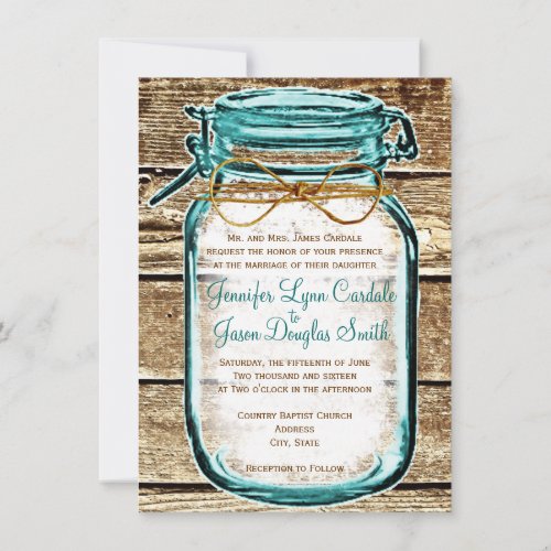 Teal Mason Jar Wood Rustic Wedding Invitations