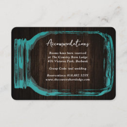 Teal Mason Jar Wood Wedding Hotel Accommodation Enclosure Card