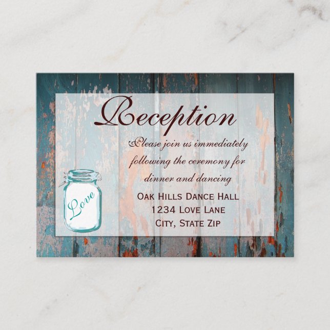 Teal Mason Jar Wood Wedding Reception Cards (Front)