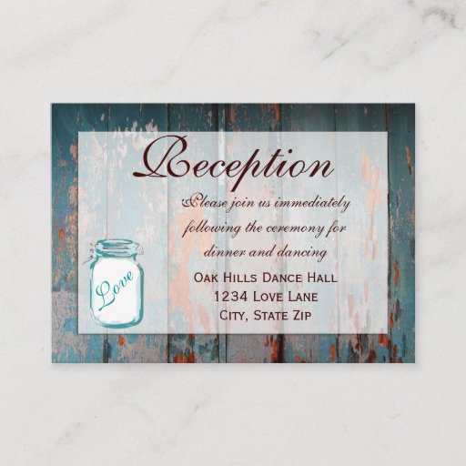 Customizable Teal Mason Jar Wood Wedding Reception Cards Business Card Template