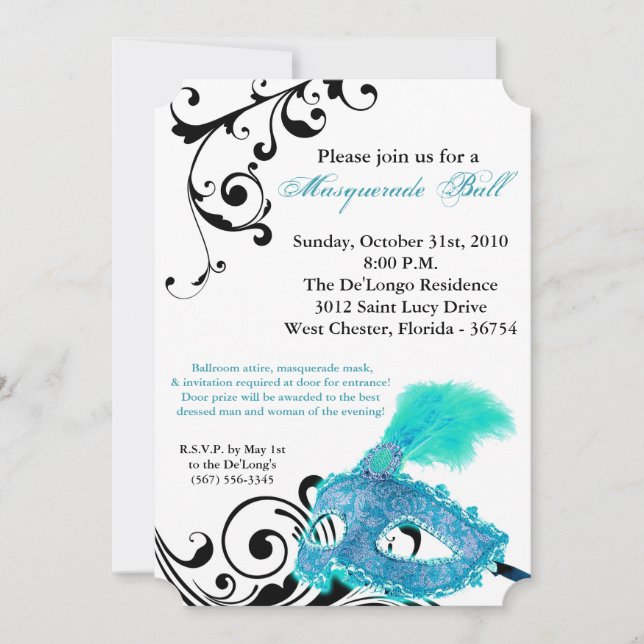 Teal Masquerade Ball Mask Costume Halloween Part Invitation (Front)