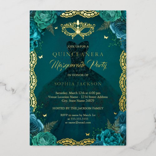 Teal Masquerade Party Floral Dress Quinceanera Foil Invitation