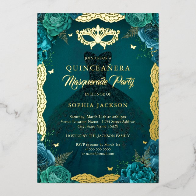 Teal Masquerade Party Floral Dress Quinceanera Foil Invitation (Front)