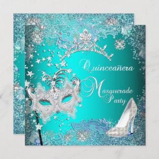 Teal Masquerade Quinceanera 15th Party Tiara Shoe Invitation