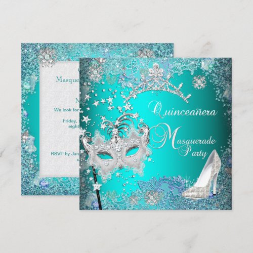 Teal Masquerade Quinceanera 15th Party Tiara Shoe Custom Invites