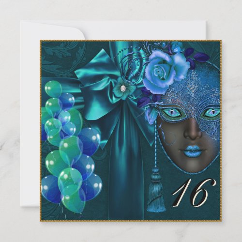 Teal Masquerade Venetian Mask Sweet 16 Invitation